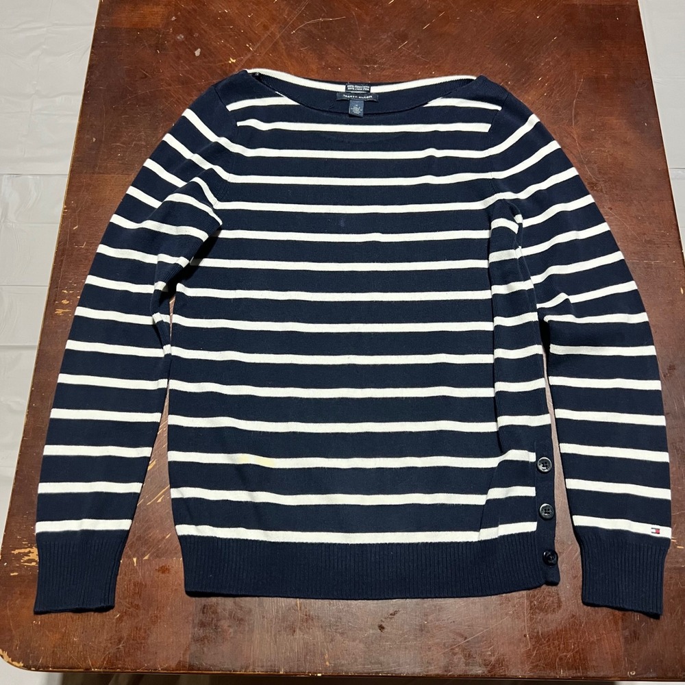 Tommy Hilfiger Navy White Striped Pima Cotton Boat Neck Side Button Sweater M